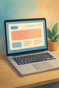 Ilustración digital semi-realista de un diseño de página web sencilla en un portátil